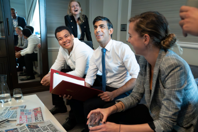 <p>Prime Minister Rishi Sunak holds a meeting with his staff in his hotel room ahead of his keynote speech to the Conservative Party annual conference in Manchester</p>